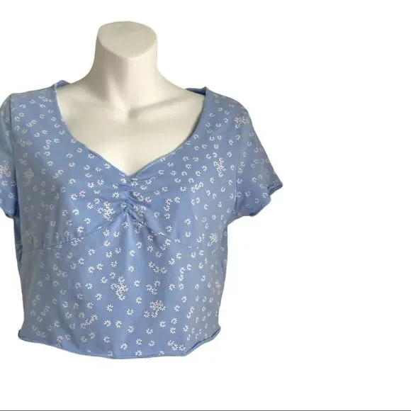 SHEIN Ditsy Flowers Ruched Neckline Periwinkle Crop Top Large Lavender - Picture 11 of 11